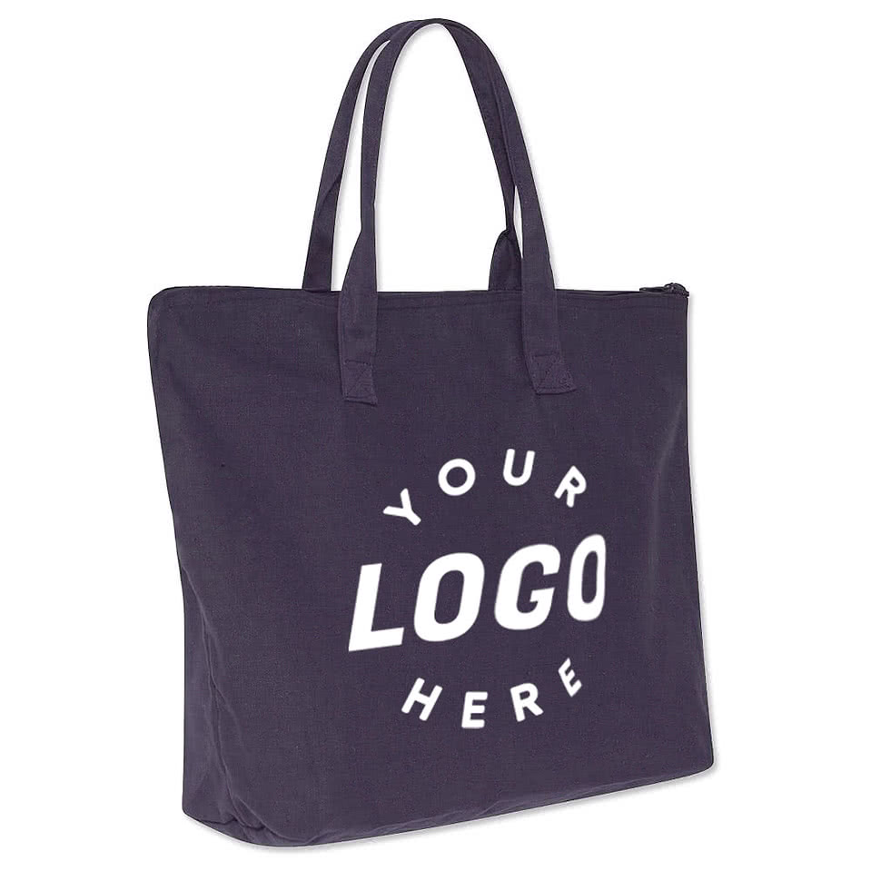 Large Wide 100% Cotton Canvas Zippered Tote Bag