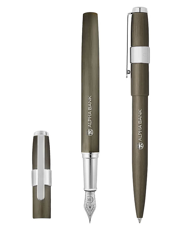 Cerruti 1881 Block Brushed Ballpoint Pen & Fountain Pen Set