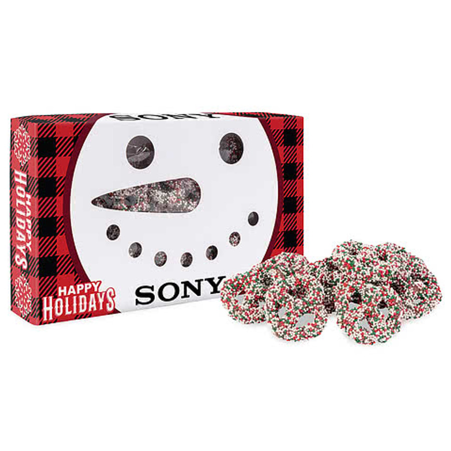 Milk Chocolate Christmas Mini Pretzels with Die Cut Snowman Box in Green