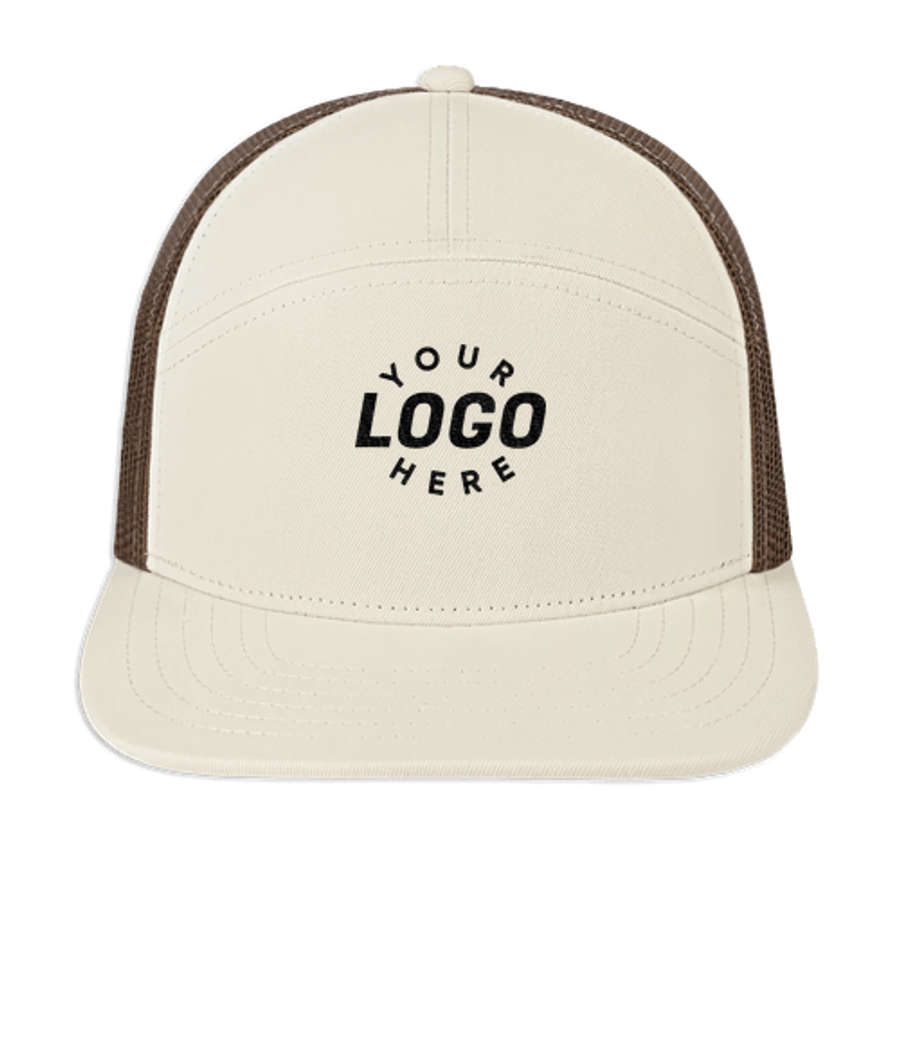 Blue Generation Seven Panel Snapback Trucker Hat - Embroidered in Stone/Brown