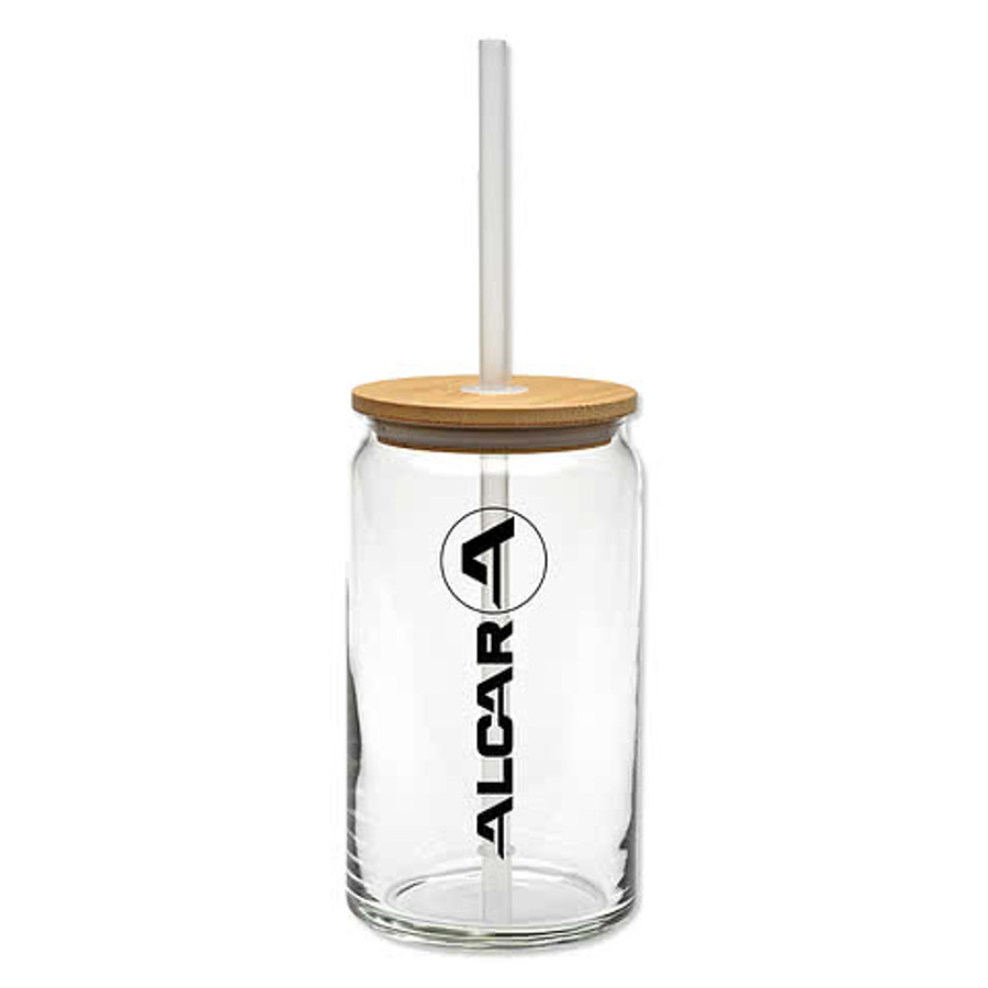 Full Color 16 oz. Soda Can Glass with Straw and Bamboo Lid in Clear