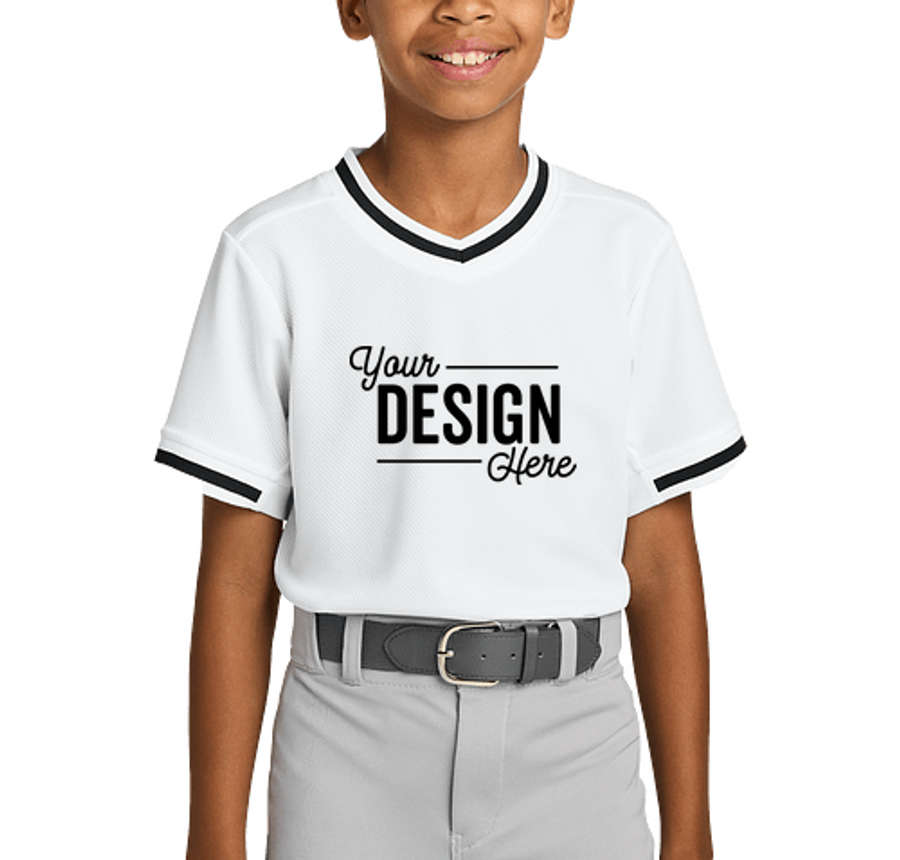 Sport-Tek Youth Tough Mesh V-Neck Baseball Jersey in White