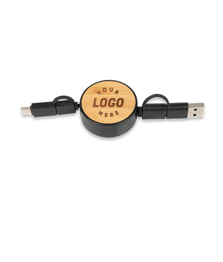 Laser Engraved Bamboo Retractable 5-in-1 Charging Cable in Woodtone