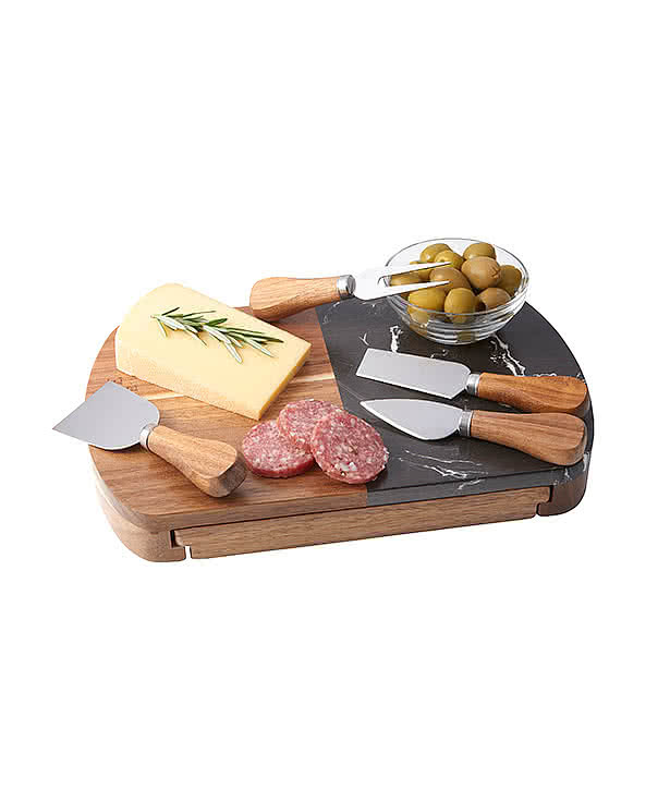 Laser Engraved Black Marble Cheese Board Set with Knives