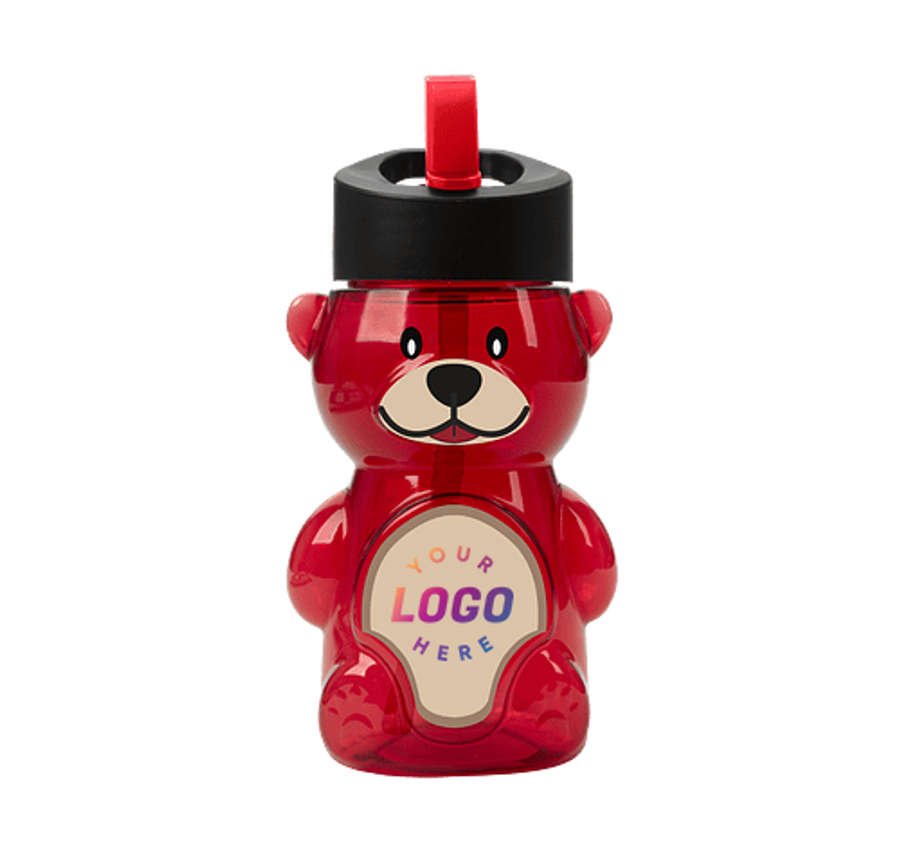 20 oz. Cubbie Bear Water Bottle with Flip-Straw Lid in Translucent Red With Black/Red Lid