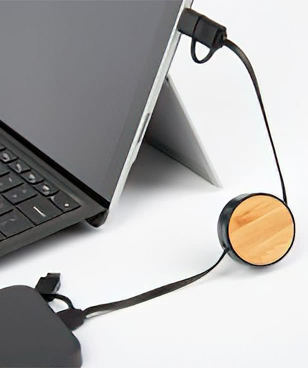 Laser Engraved Bamboo Retractable 5-in-1 Charging Cable