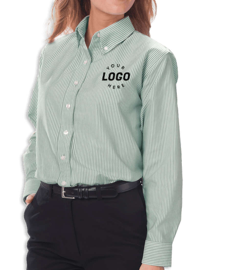 Blue Generation Women's Oxford Dress Shirt in Green / White Stripe