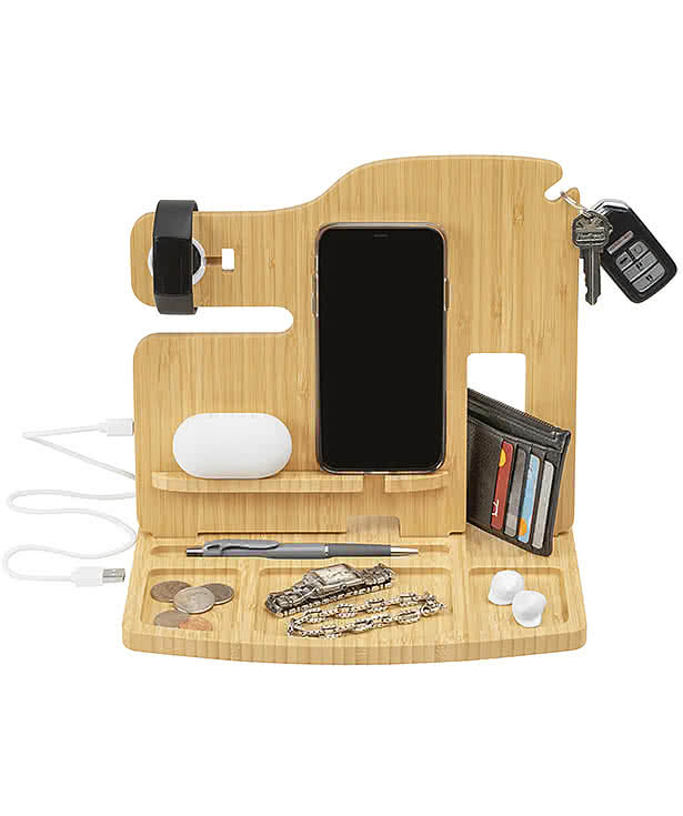 Laser Engraved Portia Bamboo Charging Valet Station