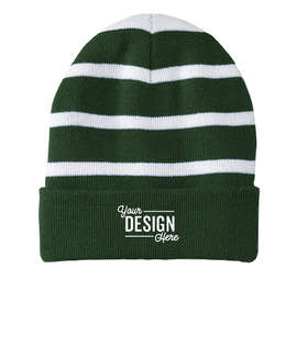Sport-Tek Fleece Lined Striped Cuff Beanie - Color: Forest Green / White