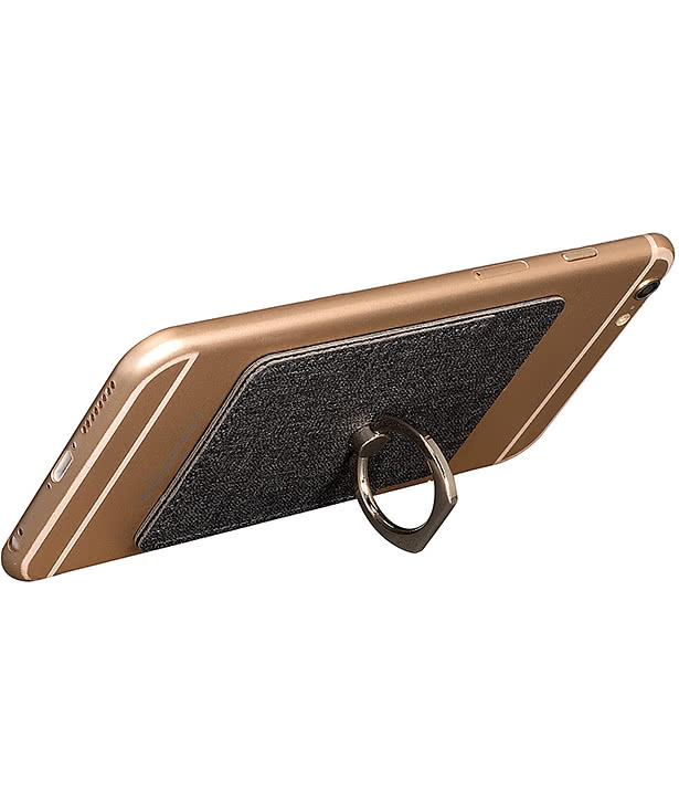 Debossed Leeman RFID Phone Pocket with Metal Ring Stand