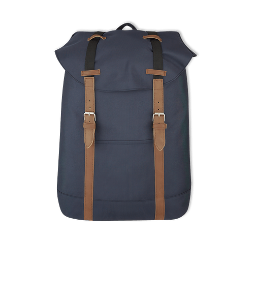 Flap Drawstring Backpack in Navy with Brown