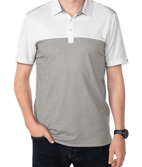 TravisMathew Oceanside Colorblock Performance Polo - Printed in White / Quiet Shade Grey Heather