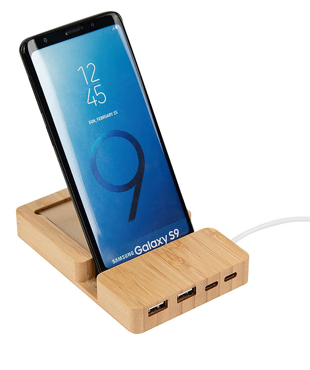 Laser Engraved Bamboo 4-Port USB Hub with Phone Holder and Sticky Notes