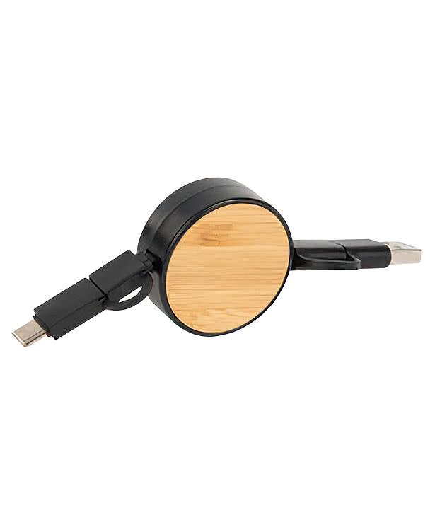 Laser Engraved Bamboo Retractable 5-in-1 Charging Cable