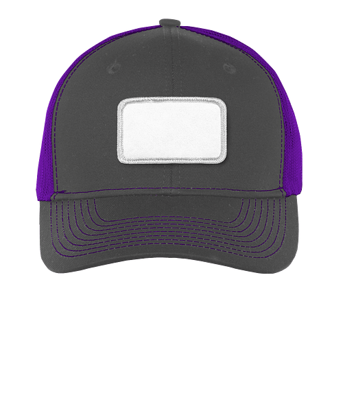 Port Authority Snapback Trucker Hat - Rectangle Patch - Embroidered in Grey Steel / Purple