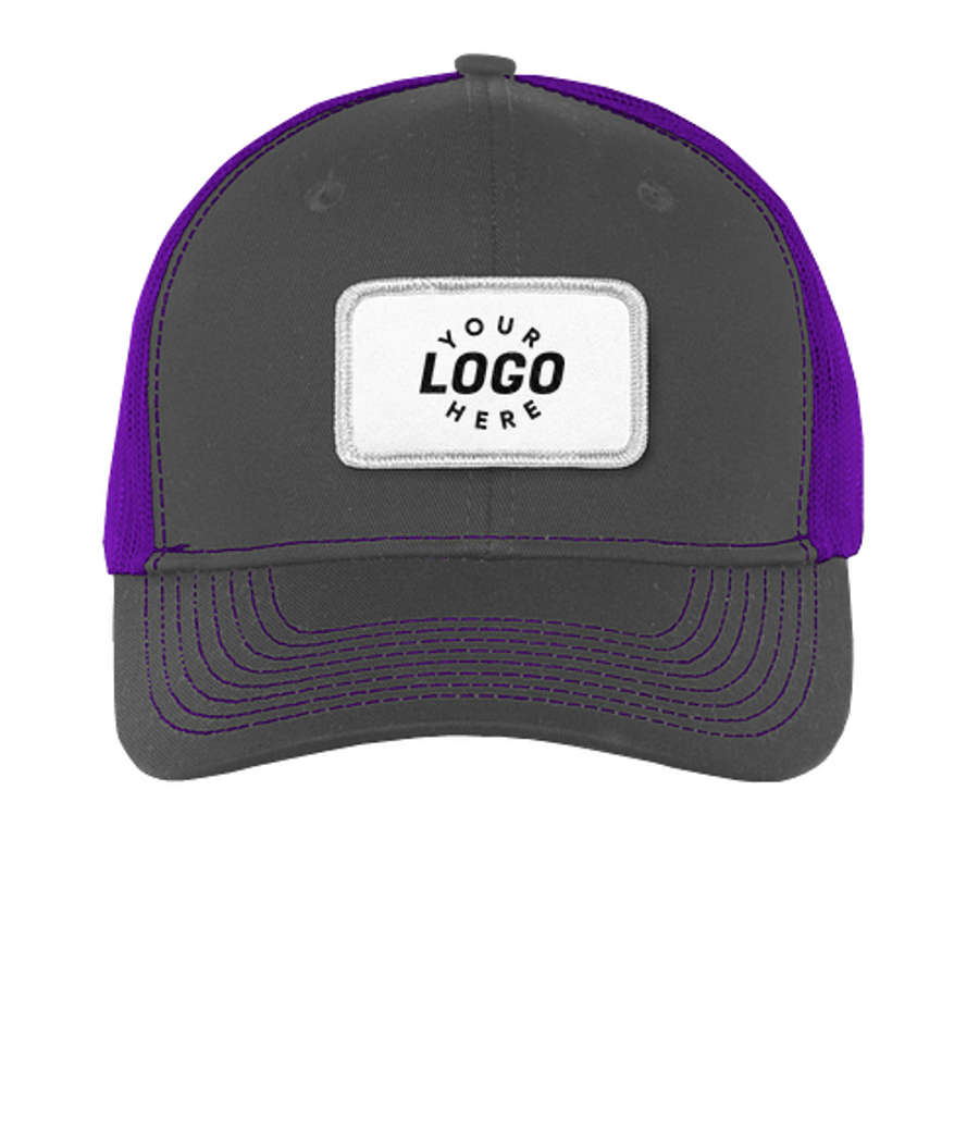 Port Authority Snapback Trucker Hat - Rectangle Patch - Embroidered in Grey Steel / Purple