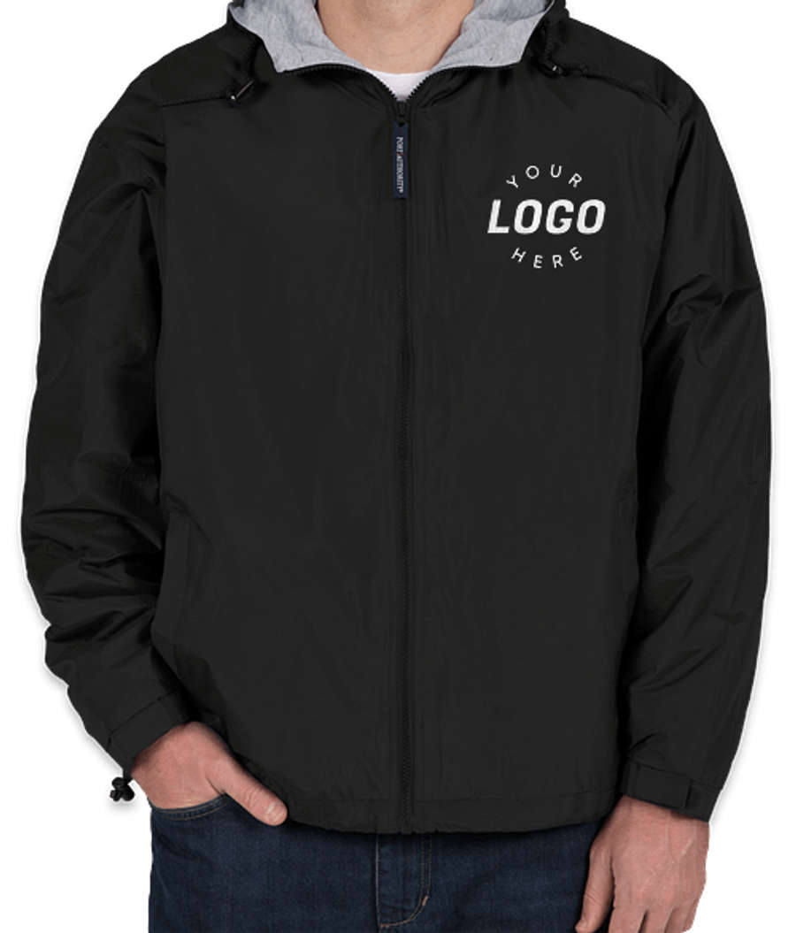 Port Authority Lined Hooded Team Jacket in Black / Light Oxford