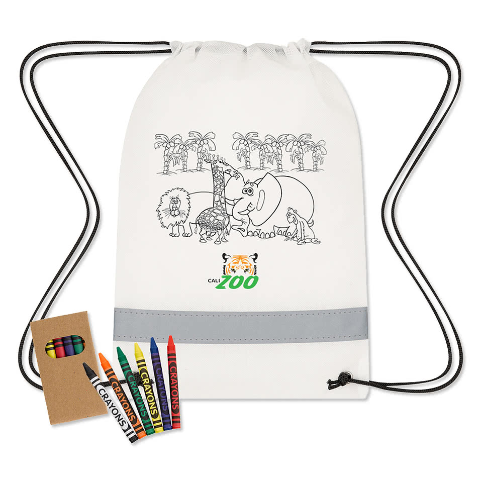 Full Color Lil' Bit Reflective Coloring Drawstring Bag with Crayons
