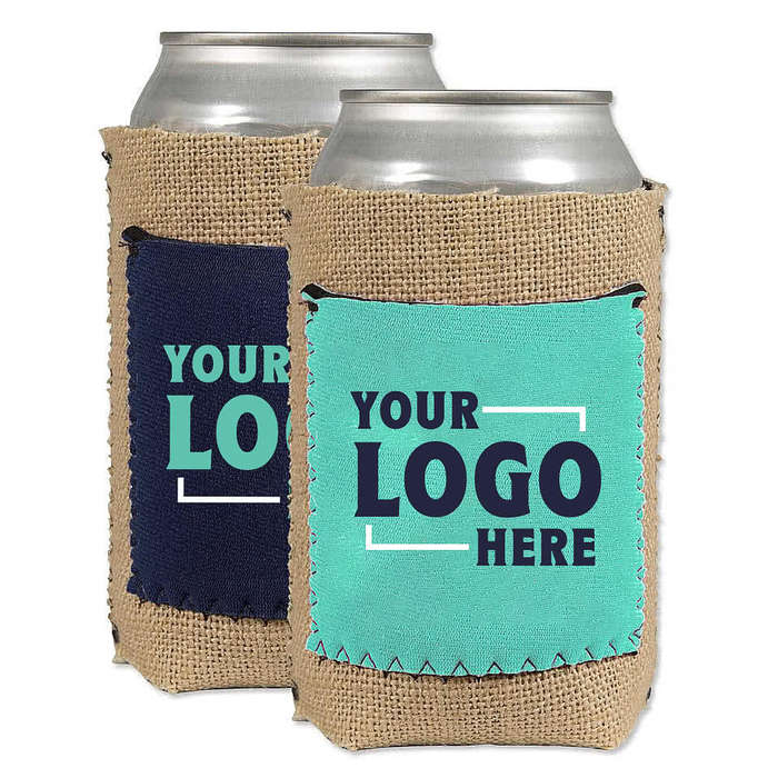 Burlap Can Cooler with Neoprene Pocket