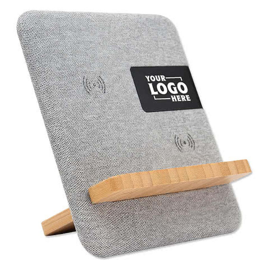 Fabric & Bamboo Qi 15W Portable Wireless Charging Pad and Clock in Gray