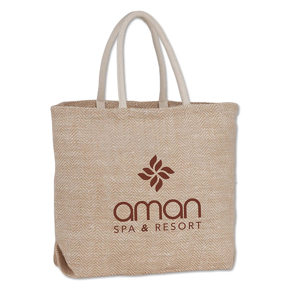 Large Herringbone Jute Tote Bag