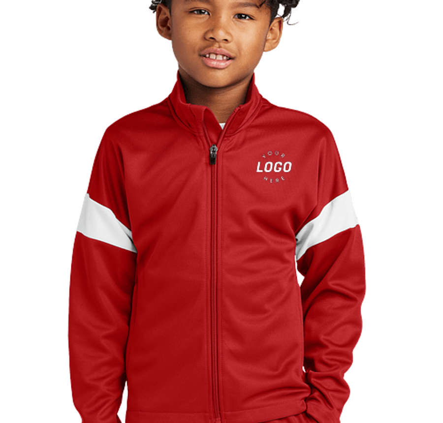 Sport-Tek Youth Recycled Travel Track Jacket in Deep Red / White
