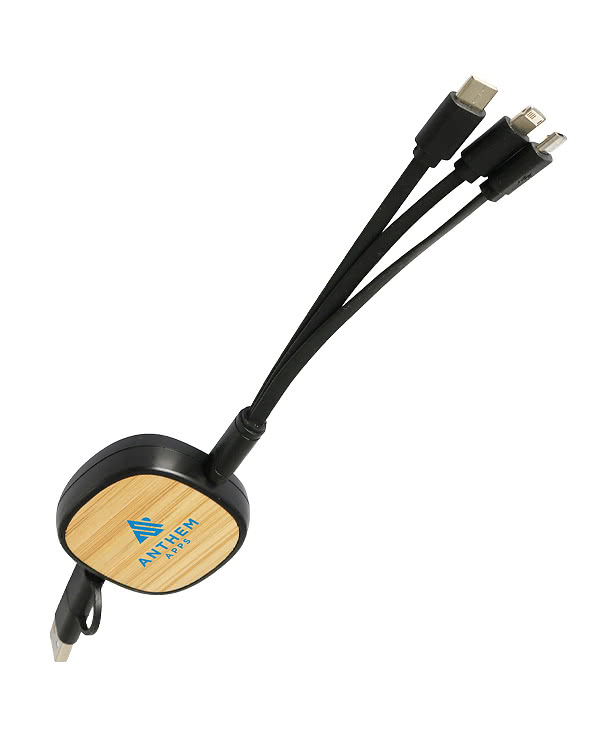 Bamboo Retractable 3-in-1 Charging Cable with Dual Inputs