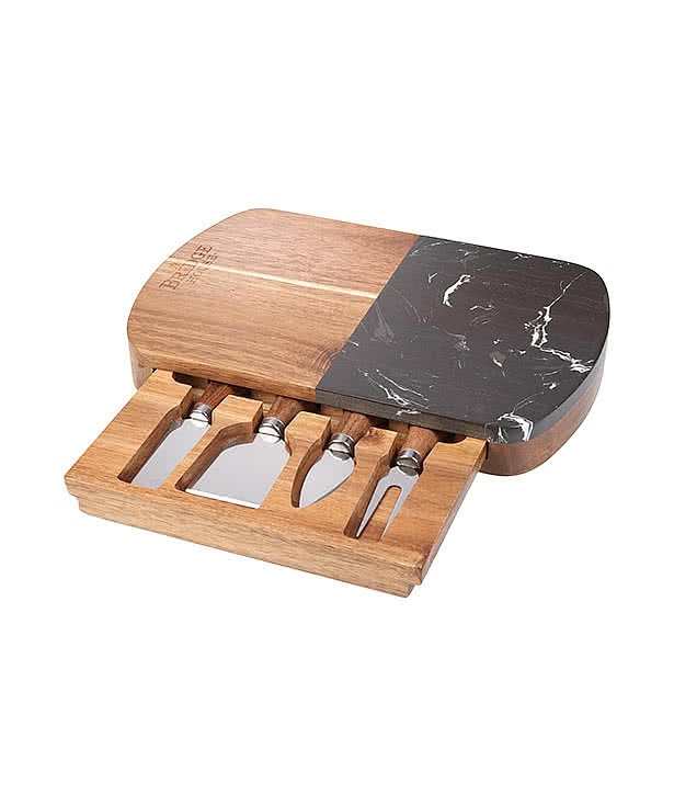 Laser Engraved Black Marble Cheese Board Set with Knives