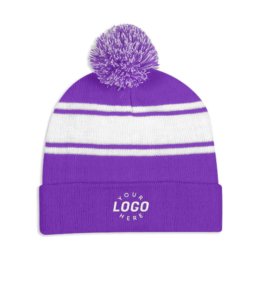 Two-Tone Pom Pom Knit Beanie in Purple