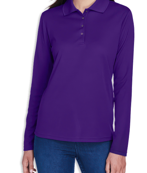 Core 365 Women's Long Sleeve Performance Pique Polo - Printed in Campus Purple