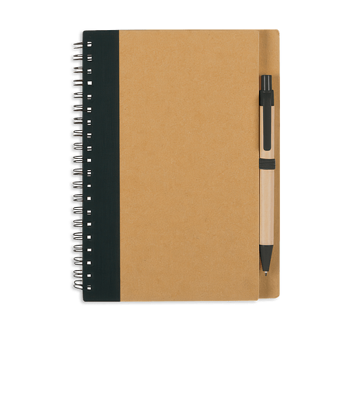 Eco-Inspired Hard Cover Spiral Notebook with Pen in Natural / Black