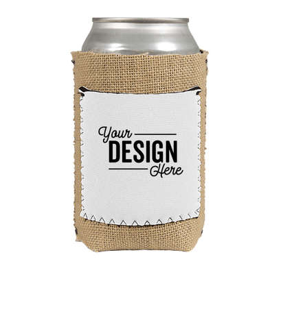 Full Color Burlap Can Cooler with Neoprene Pocket - White