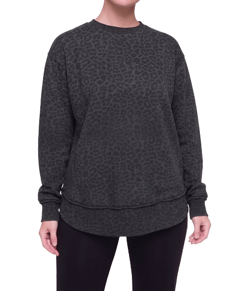 Live & Tell by LAT Women's Weekend Fleece Crewneck Sweatshirt in Black Leopard