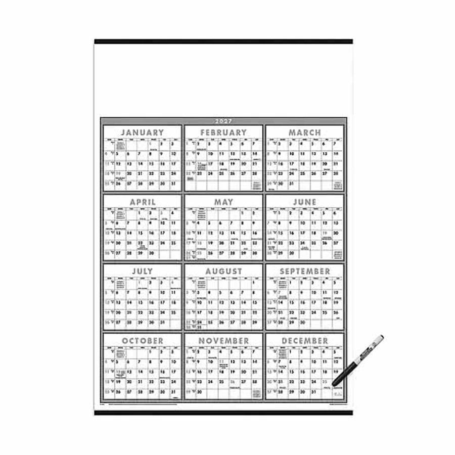 Full Color Black & White Span-A-Year Laminated Calendar with Marker