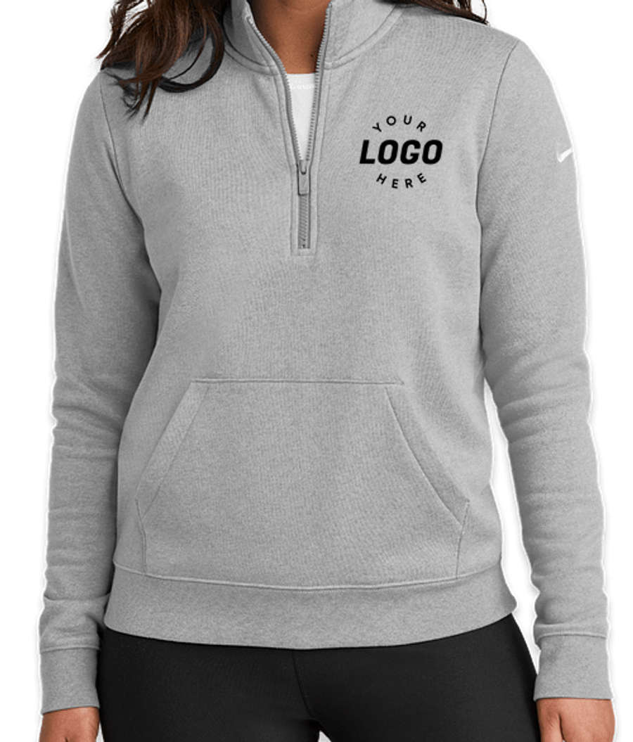 Nike Women's Club Swoosh Sleeve Quarter Zip Sweatshirt in Dark Grey Heather