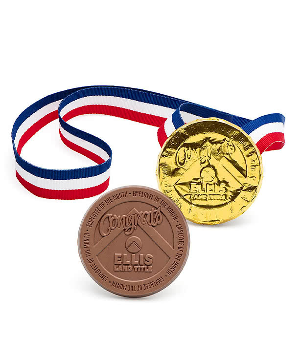 Debossed Foil Wrapped Milk Chocolate Coins with Ribbon