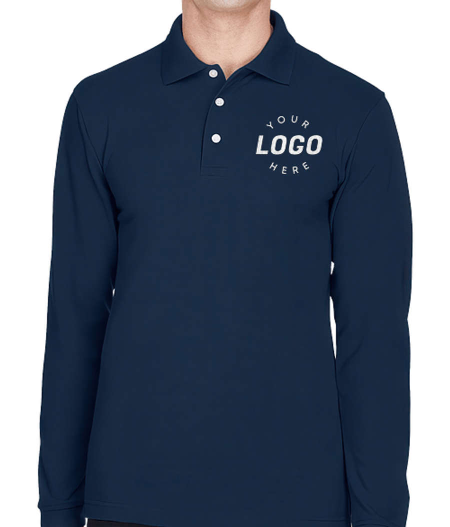 Harriton Easy Blend Long Sleeve Pique Polo - Embroidered in Navy