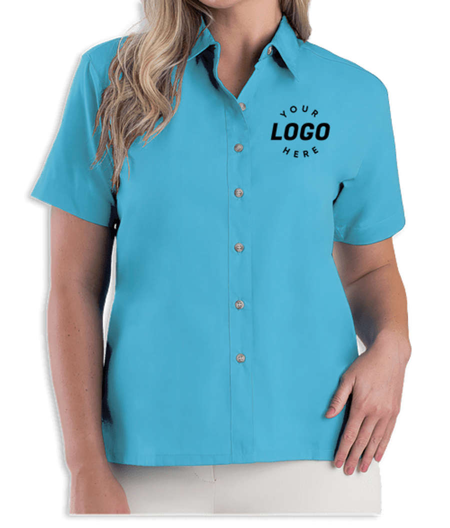 Blue Generation Women's Superblend Poplin Short Sleeve Dress Shirt - Printed in Aqua