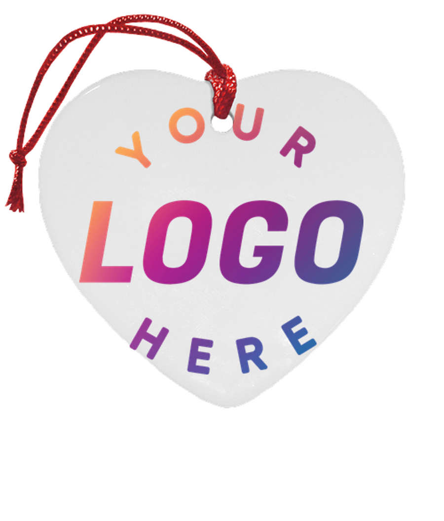 Full Color Heart Ceramic Ornament in White with Red Cord