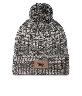 Ahead Aspen Pom Pom Beanie with Tan Rectangle Patch - Color: University Grey / Ivory