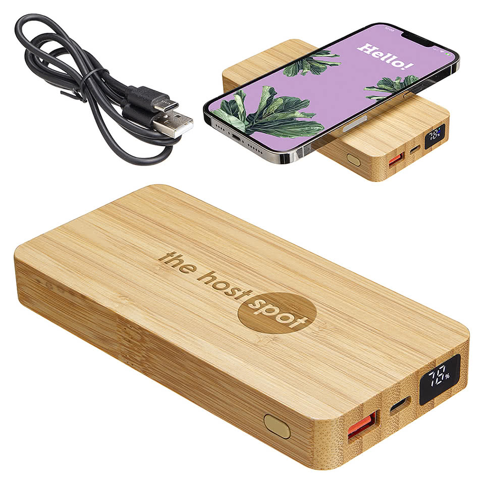 Bamboo 10,000 mAh Dual Port Power Bank with 10W Wireless Charger