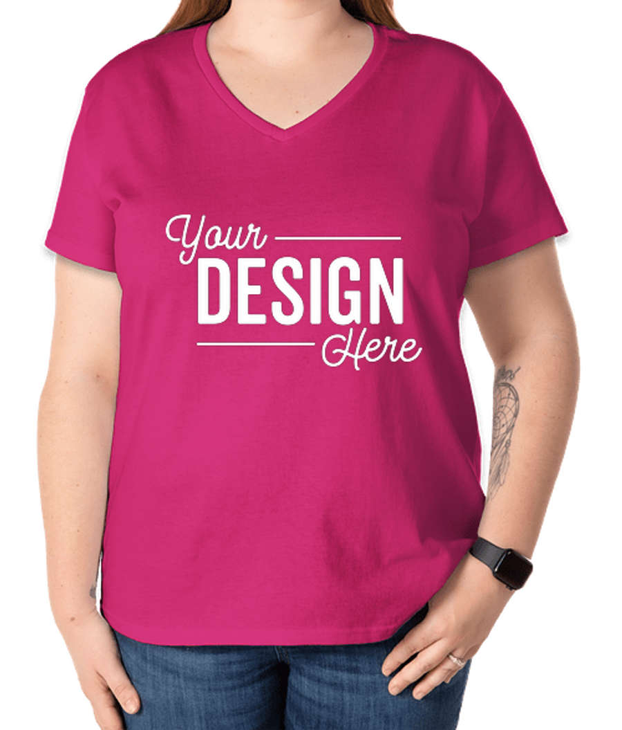 Gildan Women's 100% Cotton V-Neck T-shirt in Heliconia