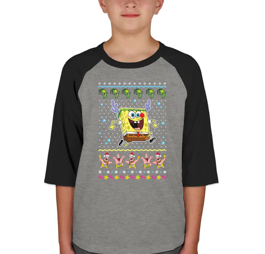 SpongeBob SquarePants - SpongeBob Reindeer Ugly Christmas Sweater - Sport-Tek Youth Raglan T-shirt