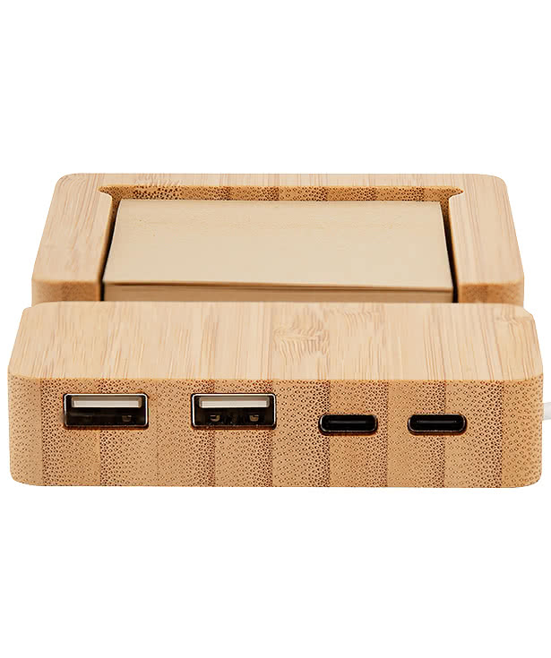 Laser Engraved Bamboo 4-Port USB Hub with Phone Holder and Sticky Notes