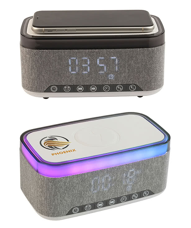 Sunset Wireless Speaker with White Noise, Clock, Radio, and 15W Wireless Charger