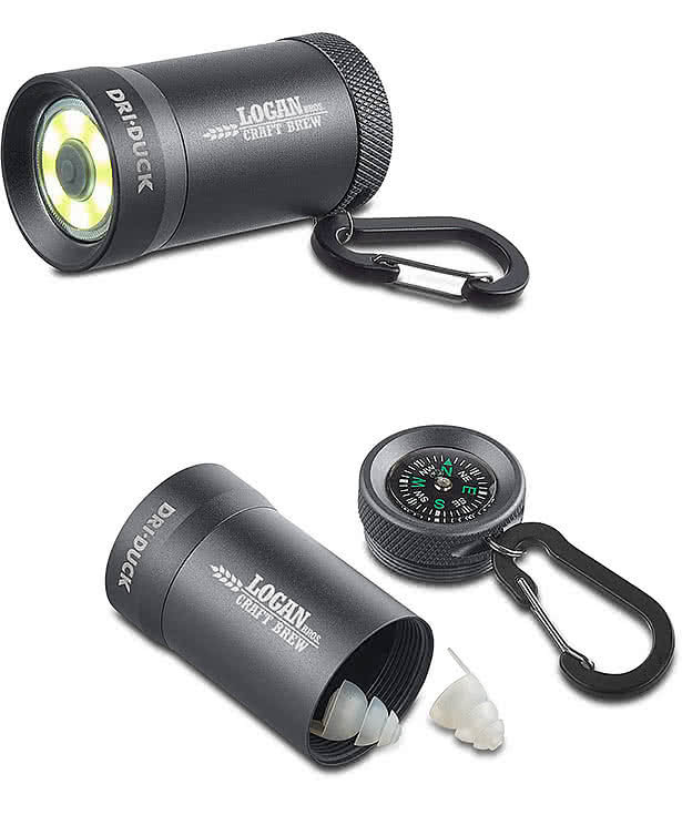 Laser Engraved Dri Duck Storage COB Flashlight with Earplugs and Compass