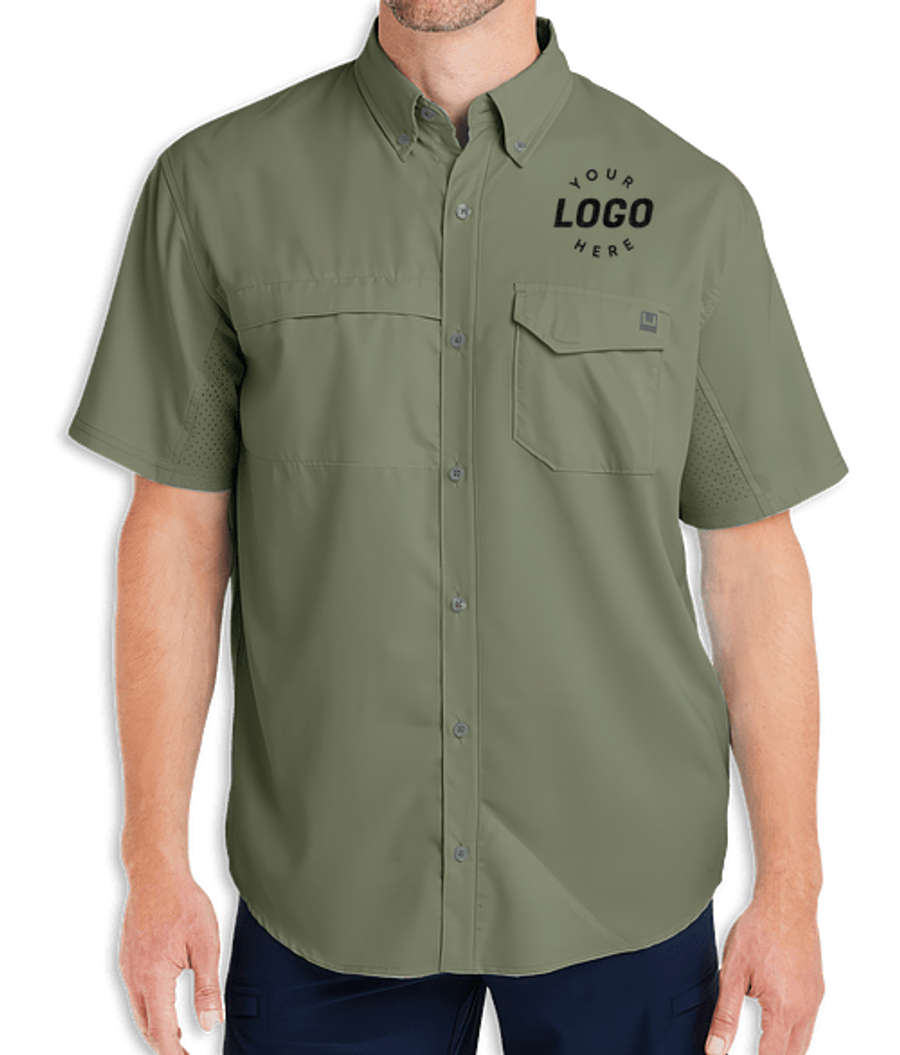 HUK Tide Point Textured Short Sleeve Work Shirt - Embroidered in Moss