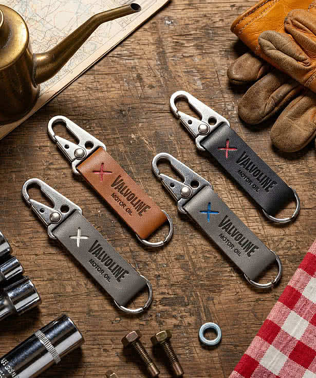Debossed Busker Leather Keychain with Antique Nickel Carabiner