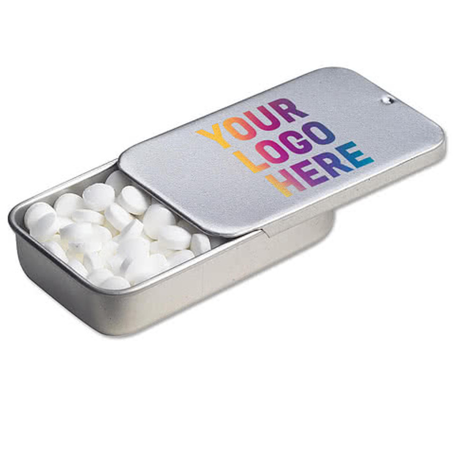 Full Color Sugar Free Mini Mints Slide Tin in White