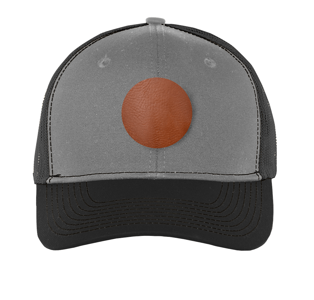 Port Authority Snapback Trucker Hat - Circle Faux Leather Patch - Laser Engraved-default